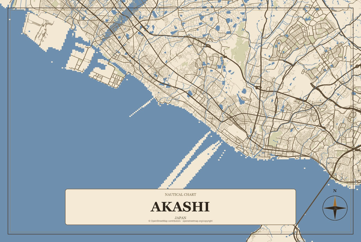 Akashi, Japan City Map Aluminum Sign in Heritage Nautical style