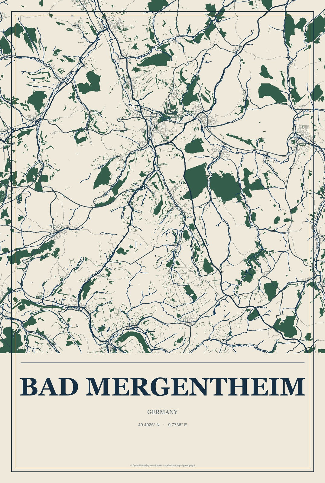 Bad Mergentheim, Germany City Map Aluminum Sign in Coastal Cutout style
