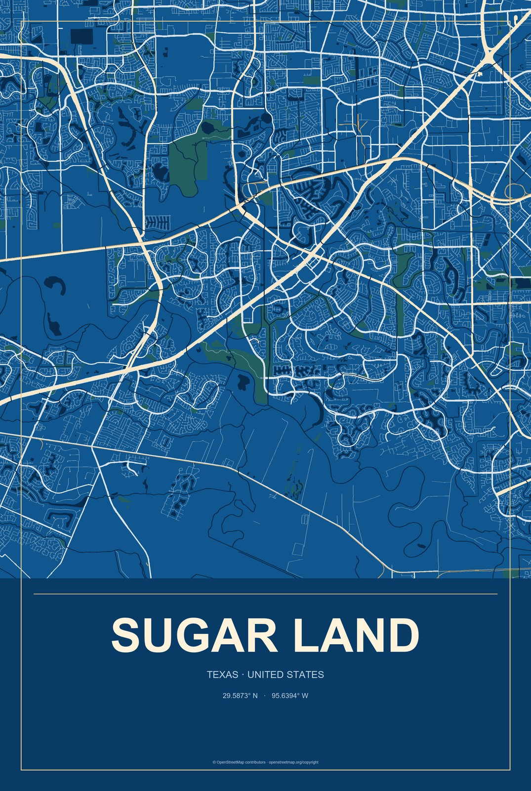 Sugar Land, Texas City Map Aluminum Sign in Harbor Cobalt style
