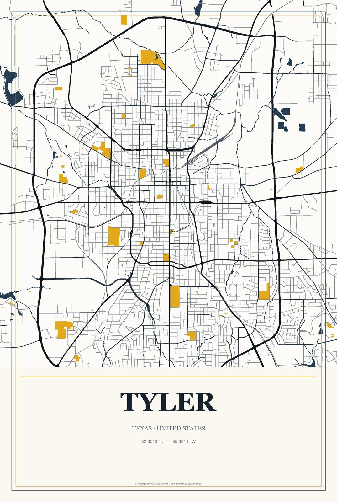 Tyler, Texas City Map Aluminum Sign in Citrine Modern style