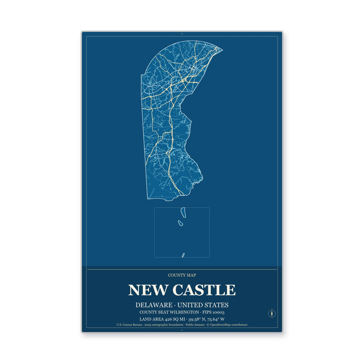 New Castle County, Delaware Map Aluminum Sign in Harbor Cobalt style