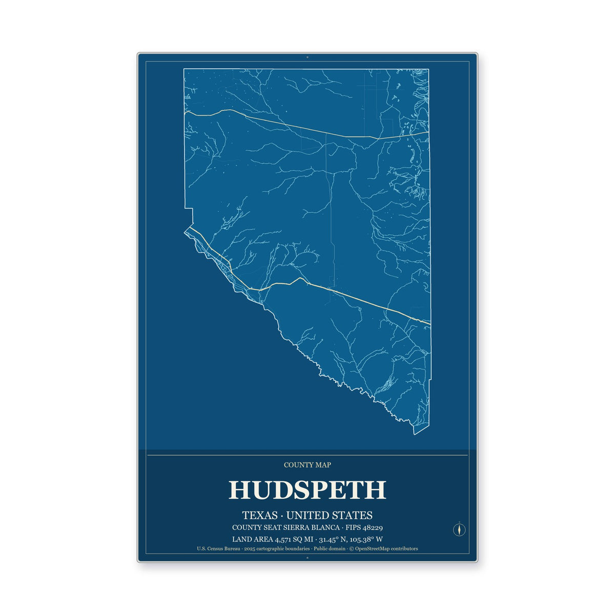 Hudspeth County, Texas Map Aluminum Sign in Harbor Cobalt style