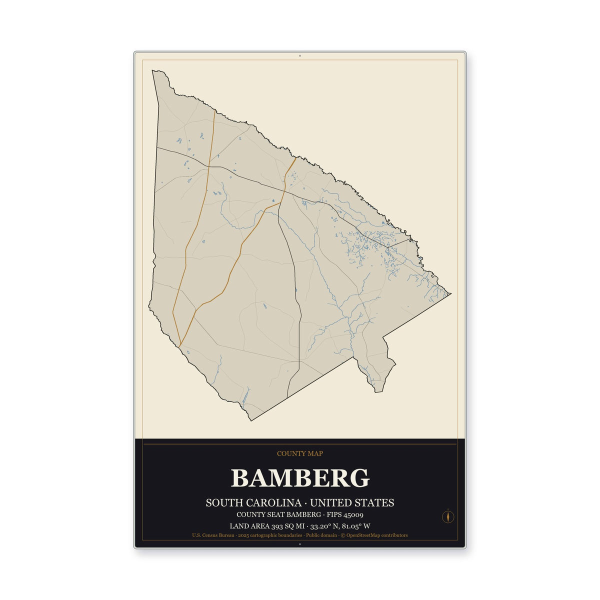 Bamberg County, South Carolina Map Aluminum Sign in Museum Plaque style
