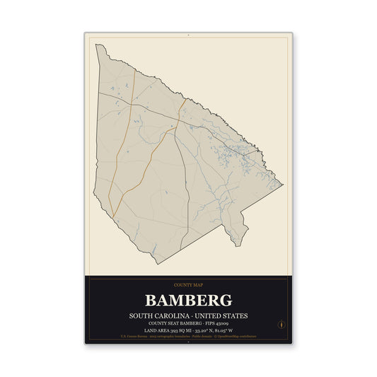 Bamberg County, South Carolina Map Aluminum Sign in Museum Plaque style