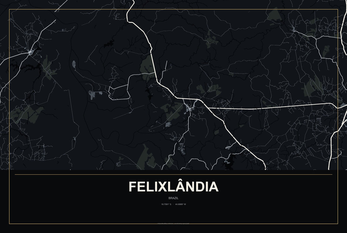 Felixlândia, Brazil City Map Aluminum Sign in Metropolitan Noir style