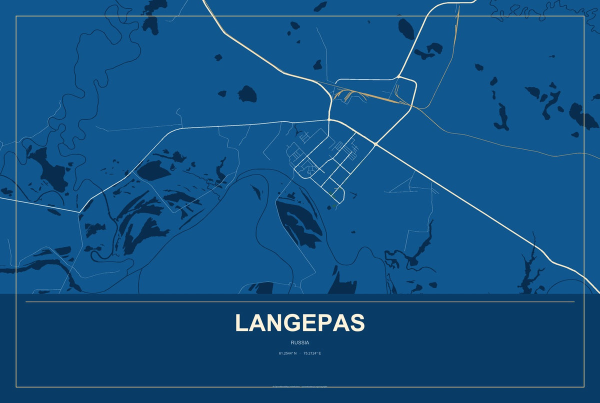 Langepas, Russia City Map Aluminum Sign in Harbor Cobalt style