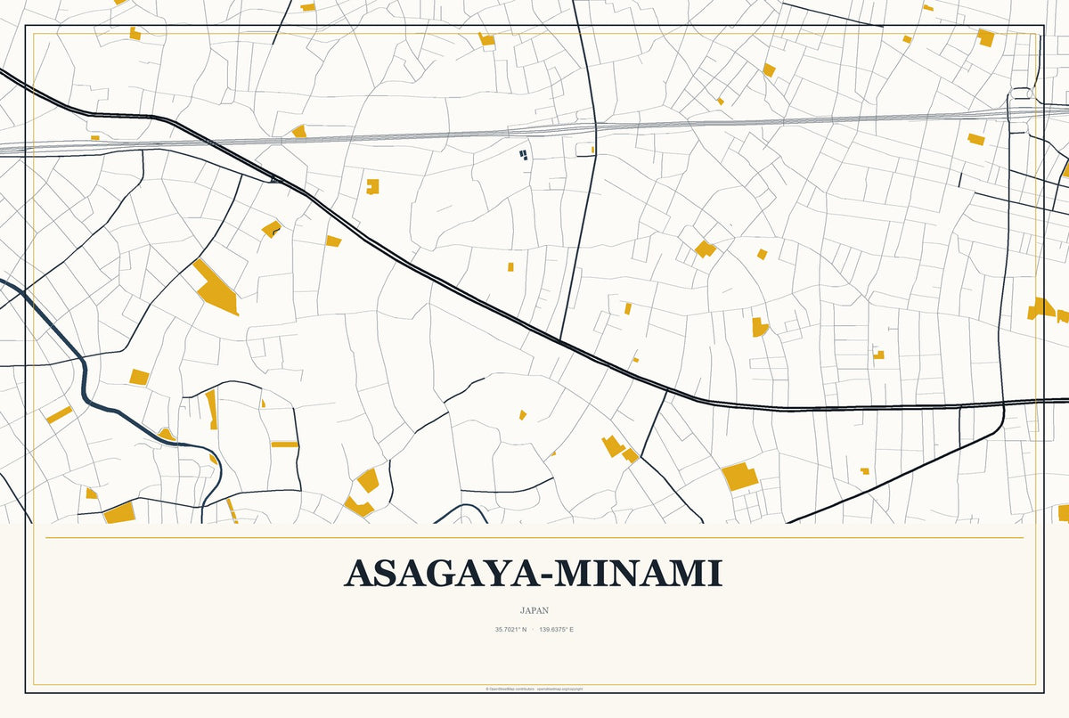Asagaya-minami, Japan City Map Aluminum Sign in Citrine Modern style
