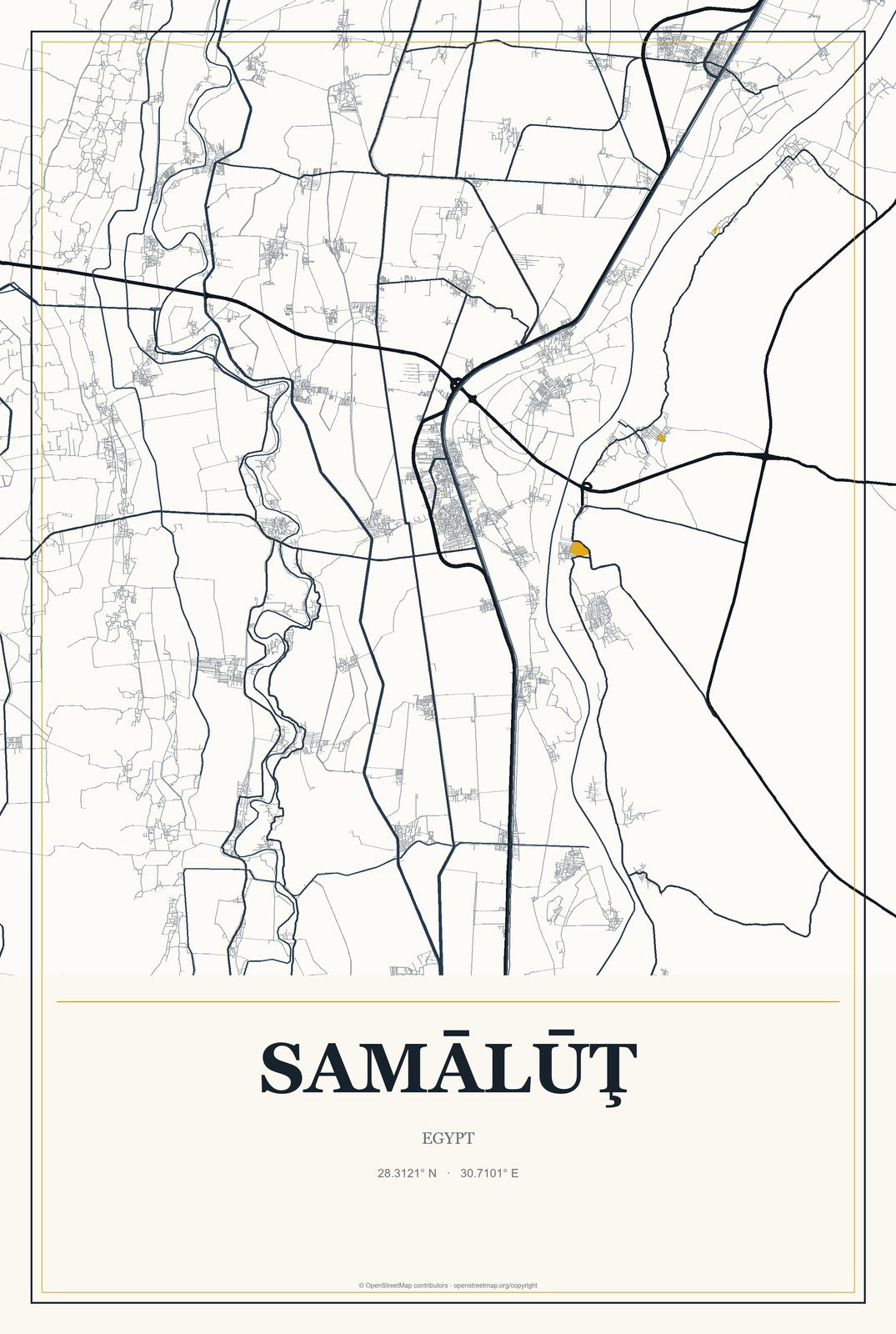 Samālūţ, Egypt City Map Aluminum Sign in Citrine Modern style