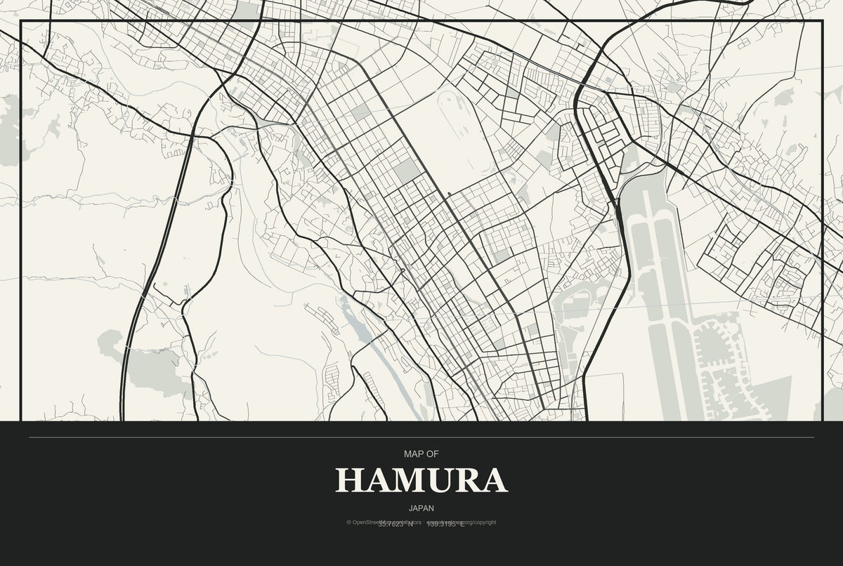 Hamura, Japan City Map Aluminum Sign in Museum Plaque style