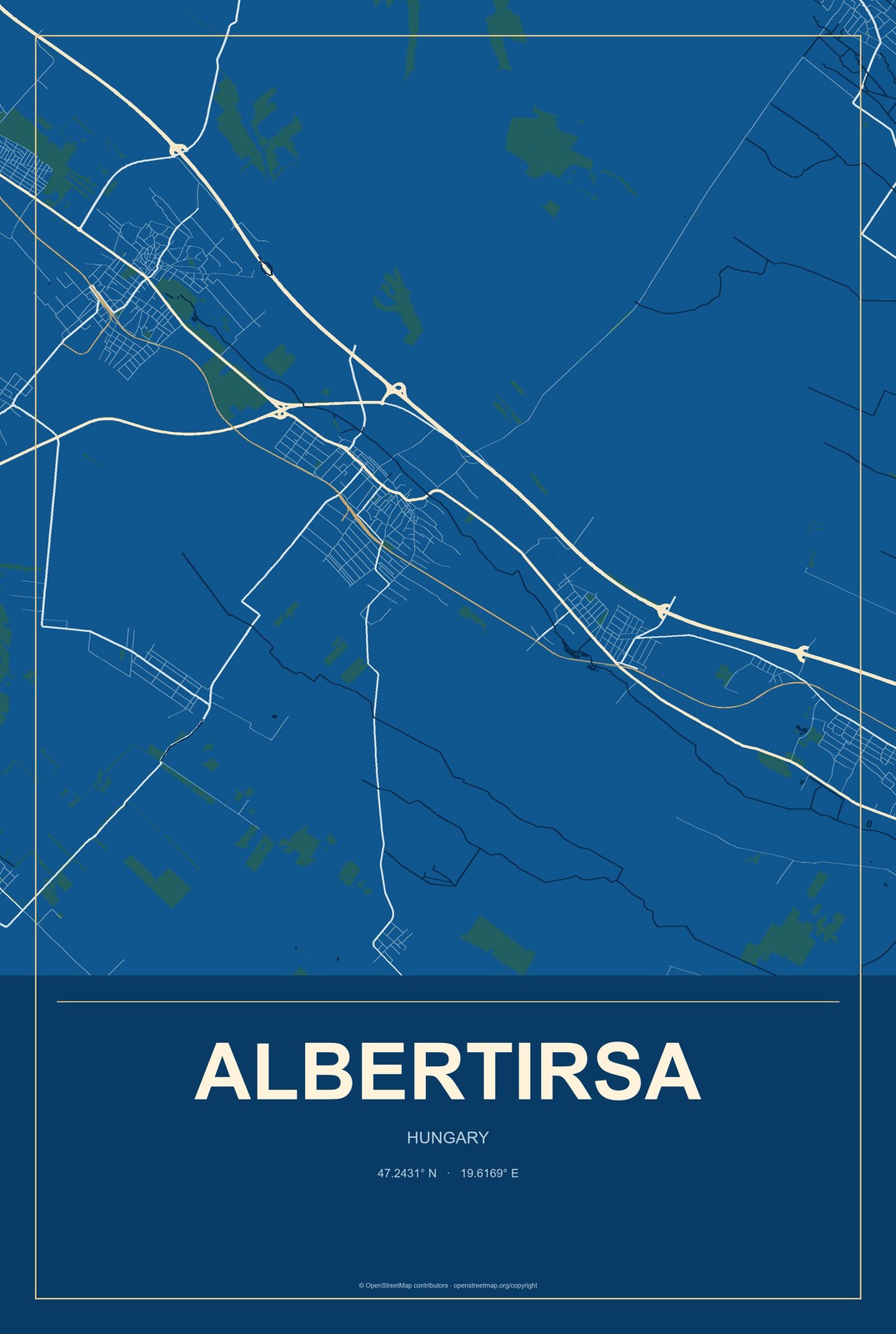 Albertirsa, Hungary City Map Aluminum Sign in Harbor Cobalt style