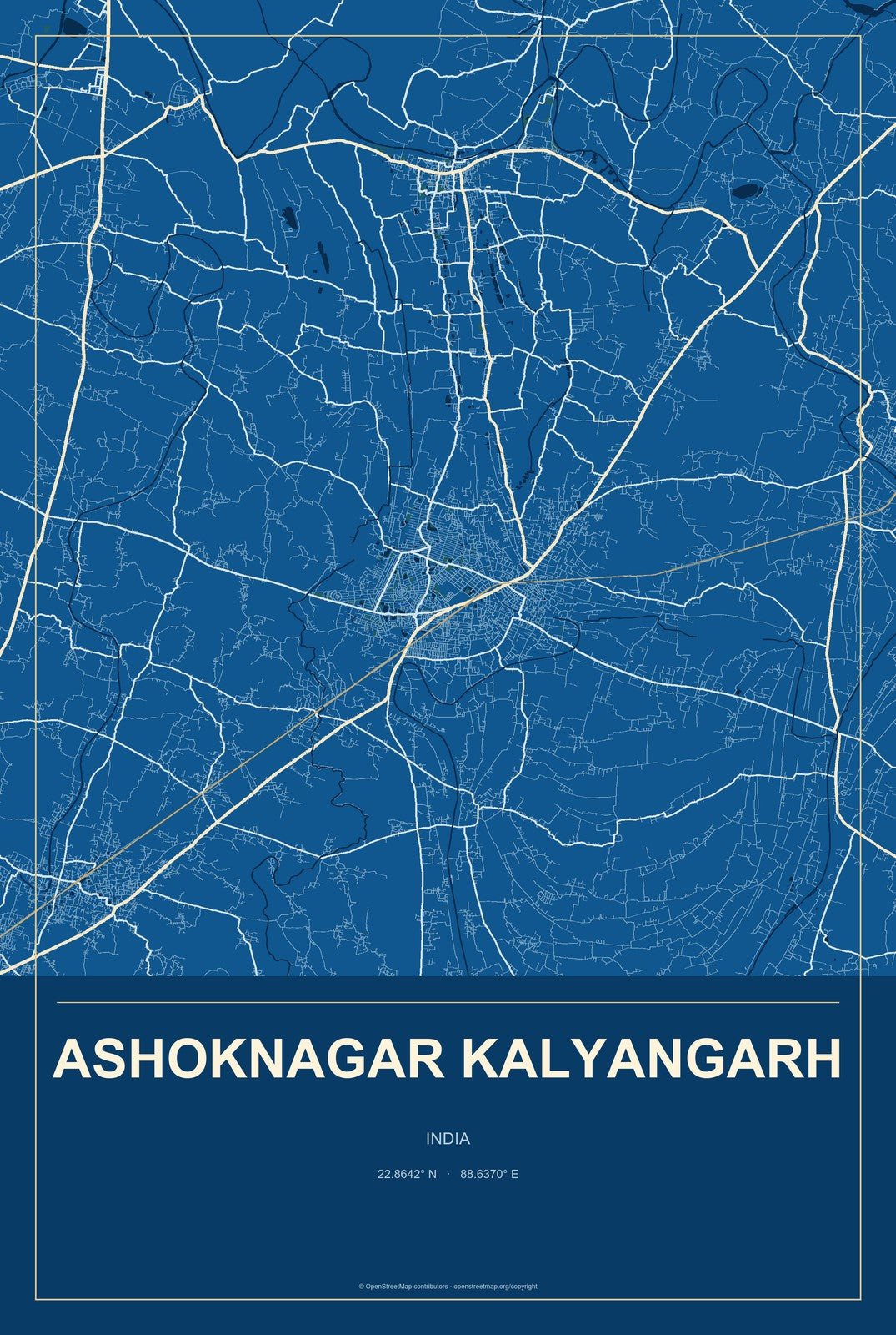 Ashoknagar Kalyangarh, India City Map Aluminum Sign in Harbor Cobalt style