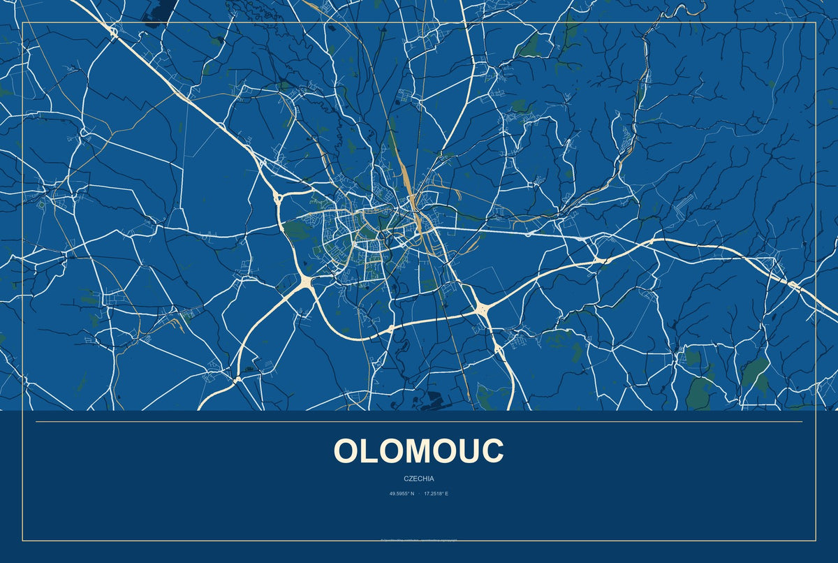 Olomouc, Czechia City Map Aluminum Sign in Harbor Cobalt style