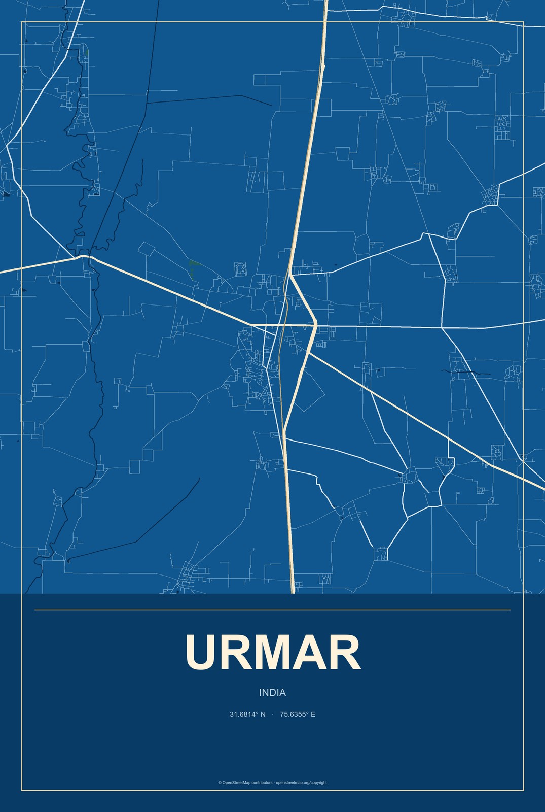 Urmar, India City Map Aluminum Sign in Harbor Cobalt style