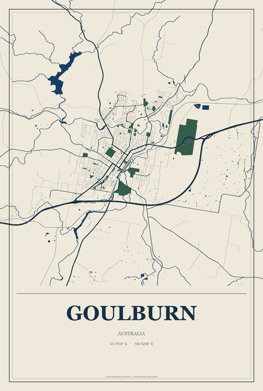 Goulburn, Australia City Map Aluminum Sign in Coastal Cutout style