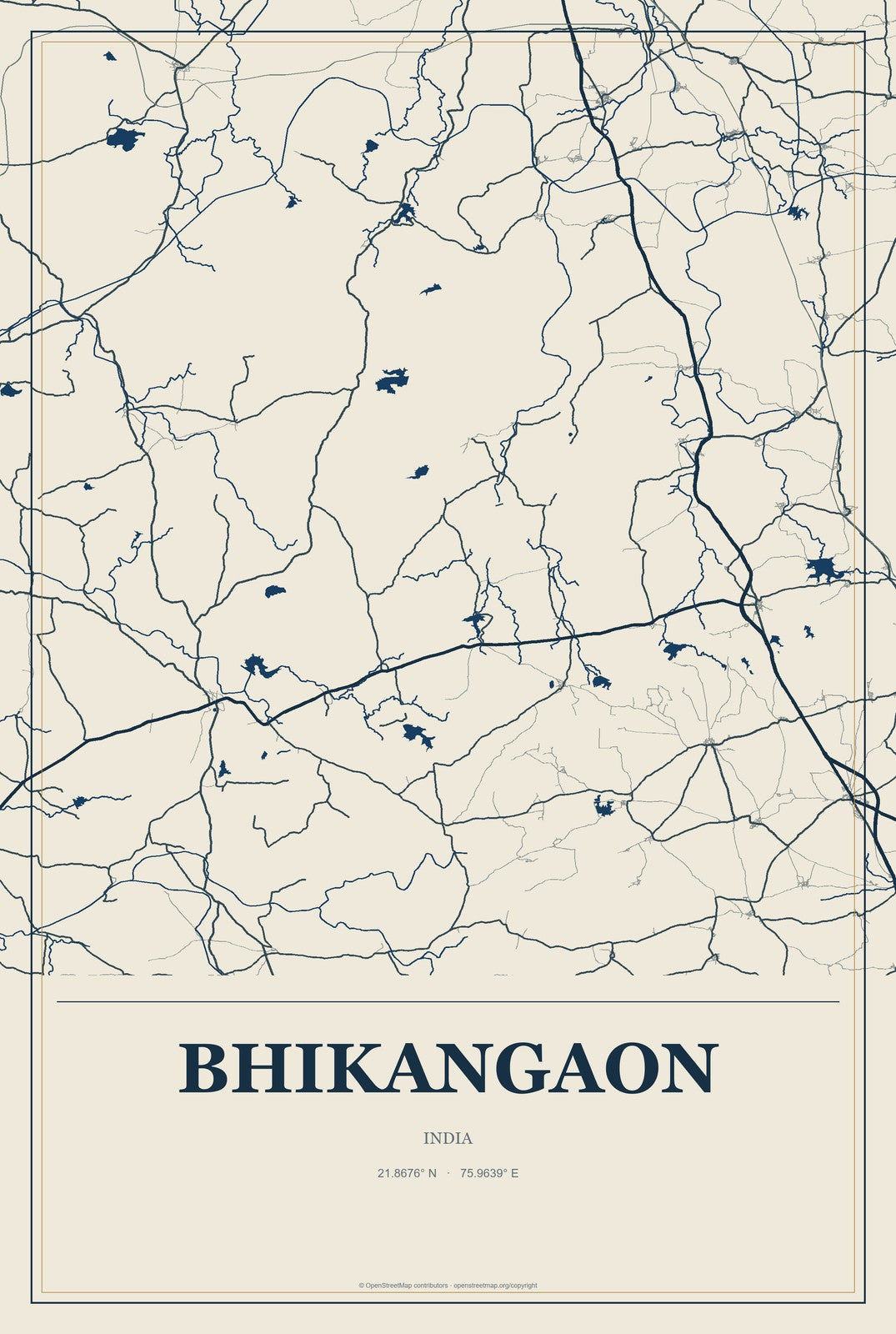 Bhikangaon, India City Map Aluminum Sign in Coastal Cutout style