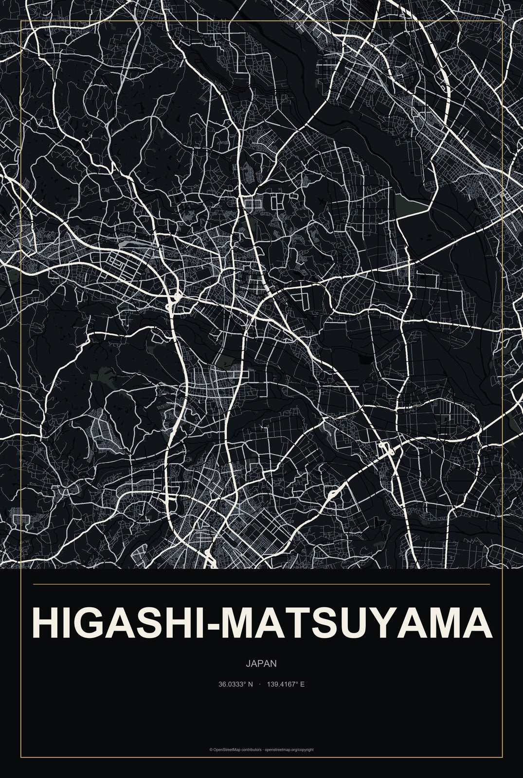 Higashi-Matsuyama, Japan City Map Aluminum Sign in Metropolitan Noir style