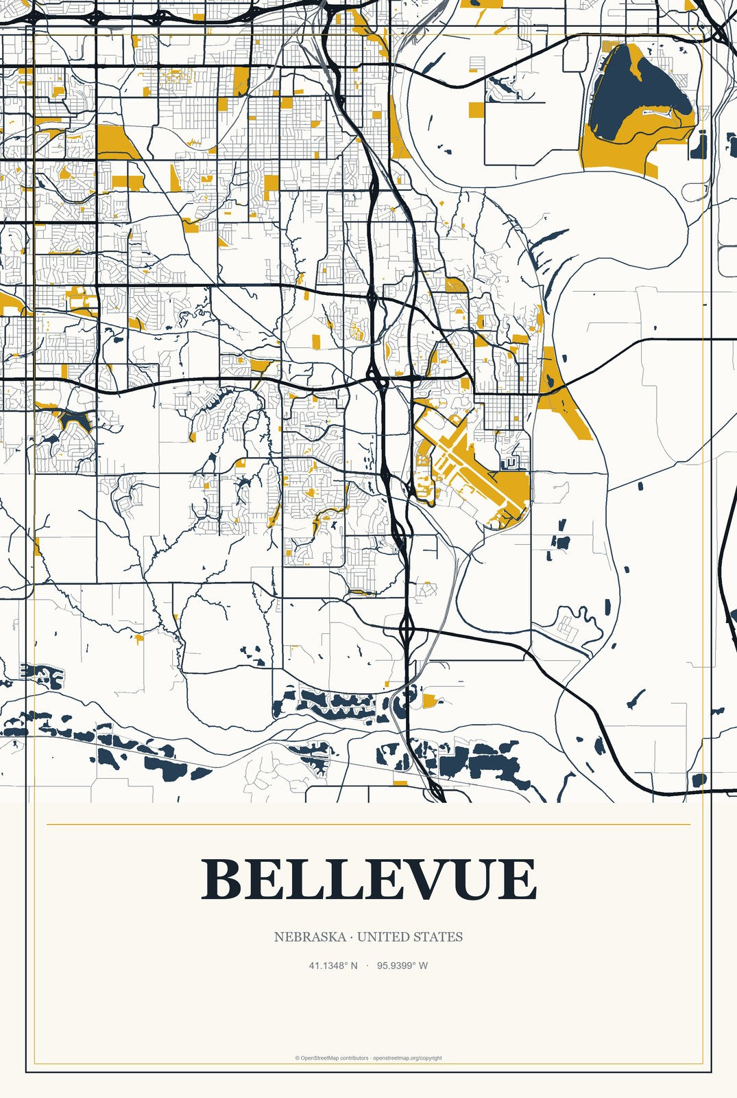Bellevue, Nebraska City Map Aluminum Sign in Citrine Modern style