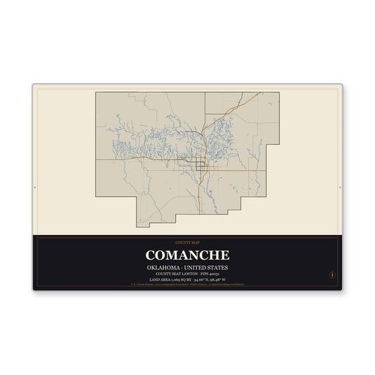 Comanche County, Oklahoma Map Aluminum Sign in Museum Plaque style