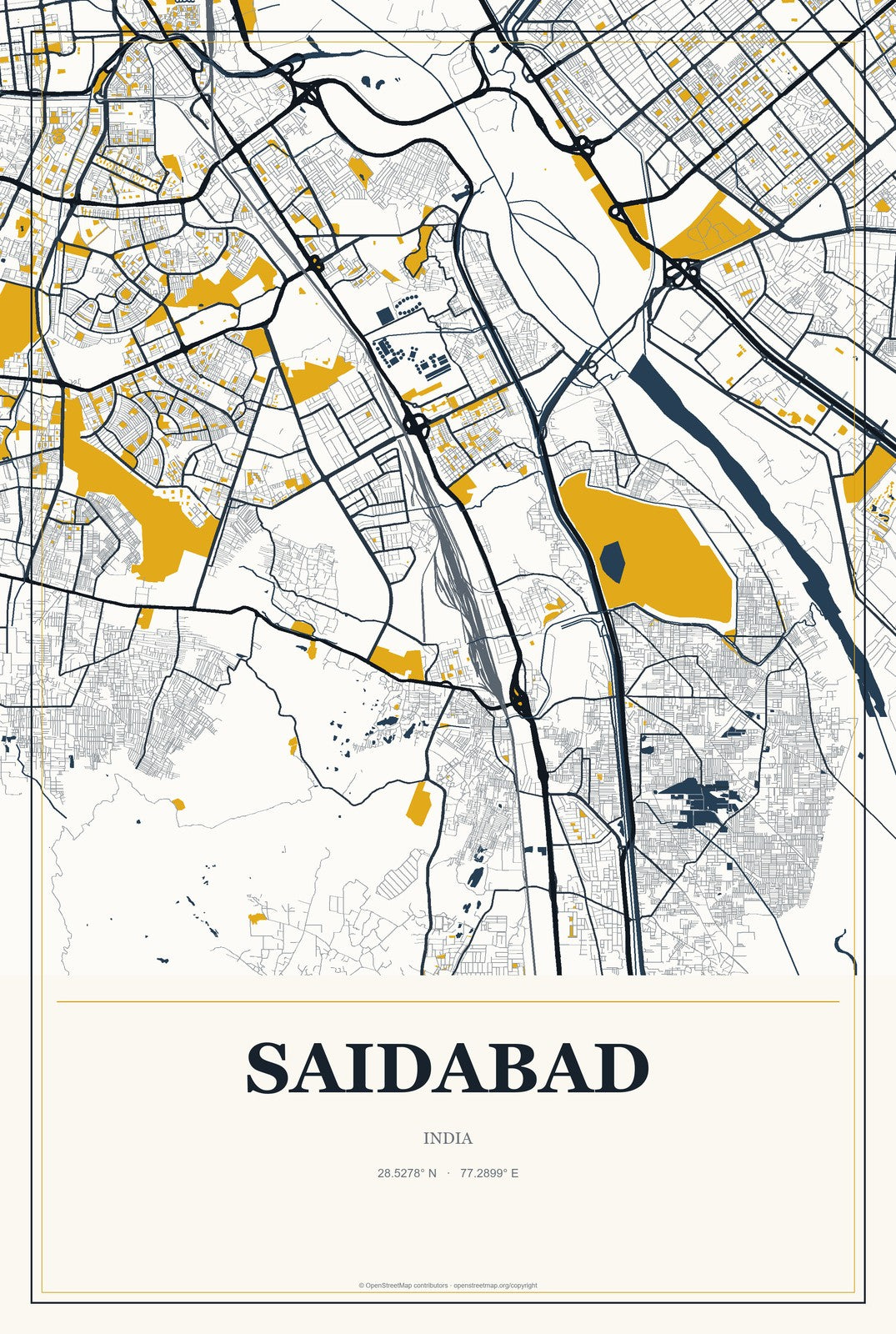 Saidabad, India City Map Aluminum Sign in Citrine Modern style