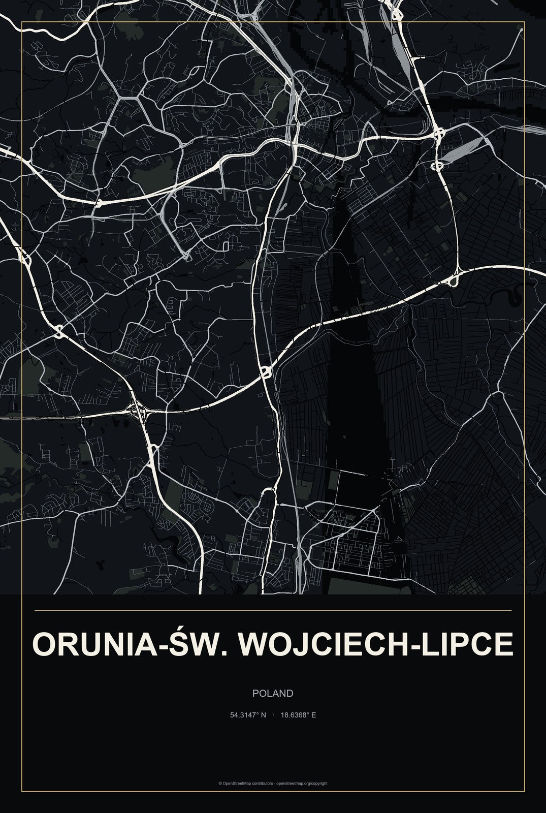 Orunia-Św. Wojciech-Lipce, Poland City Map Aluminum Sign in Metropolitan Noir style