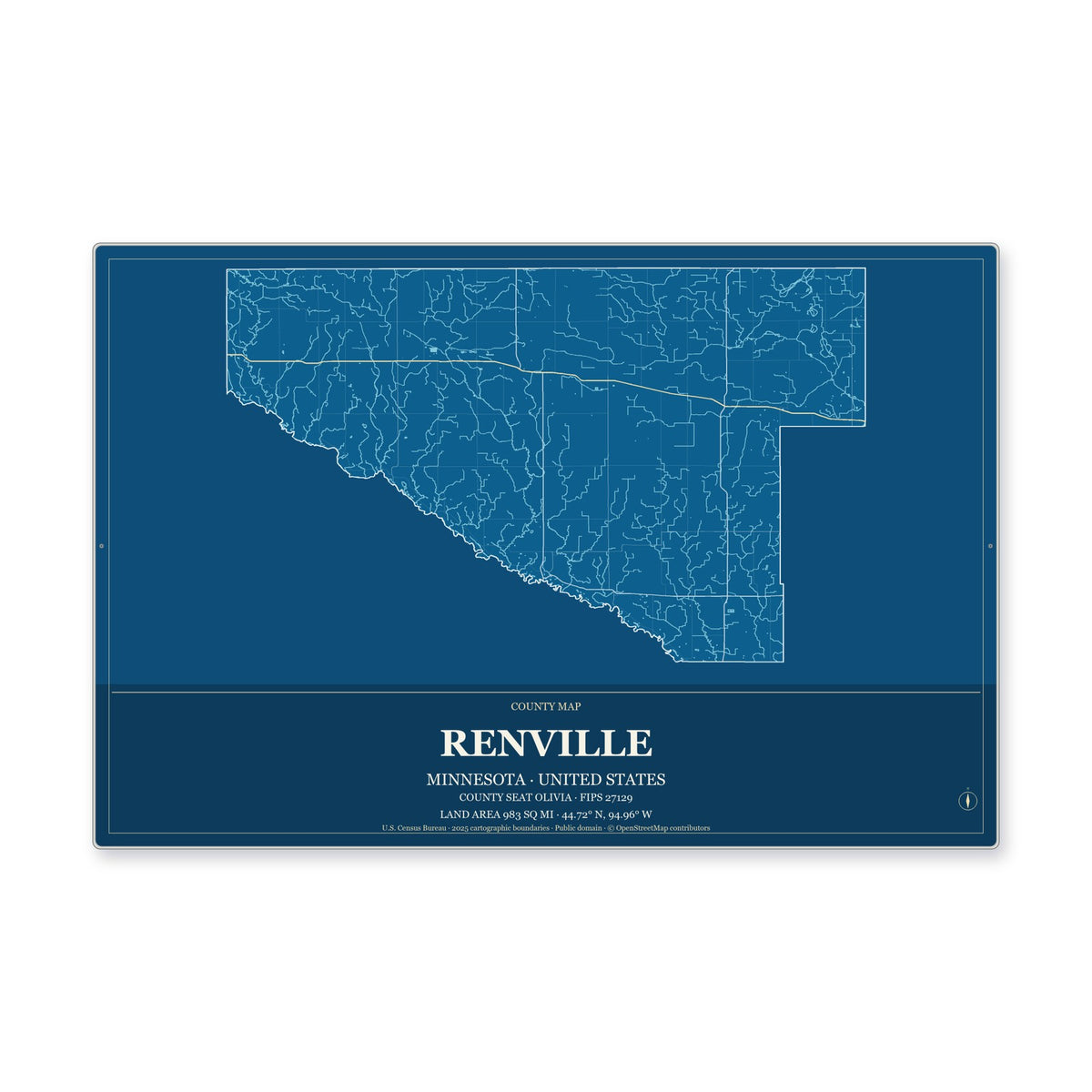 Renville County, Minnesota Map Aluminum Sign in Harbor Cobalt style