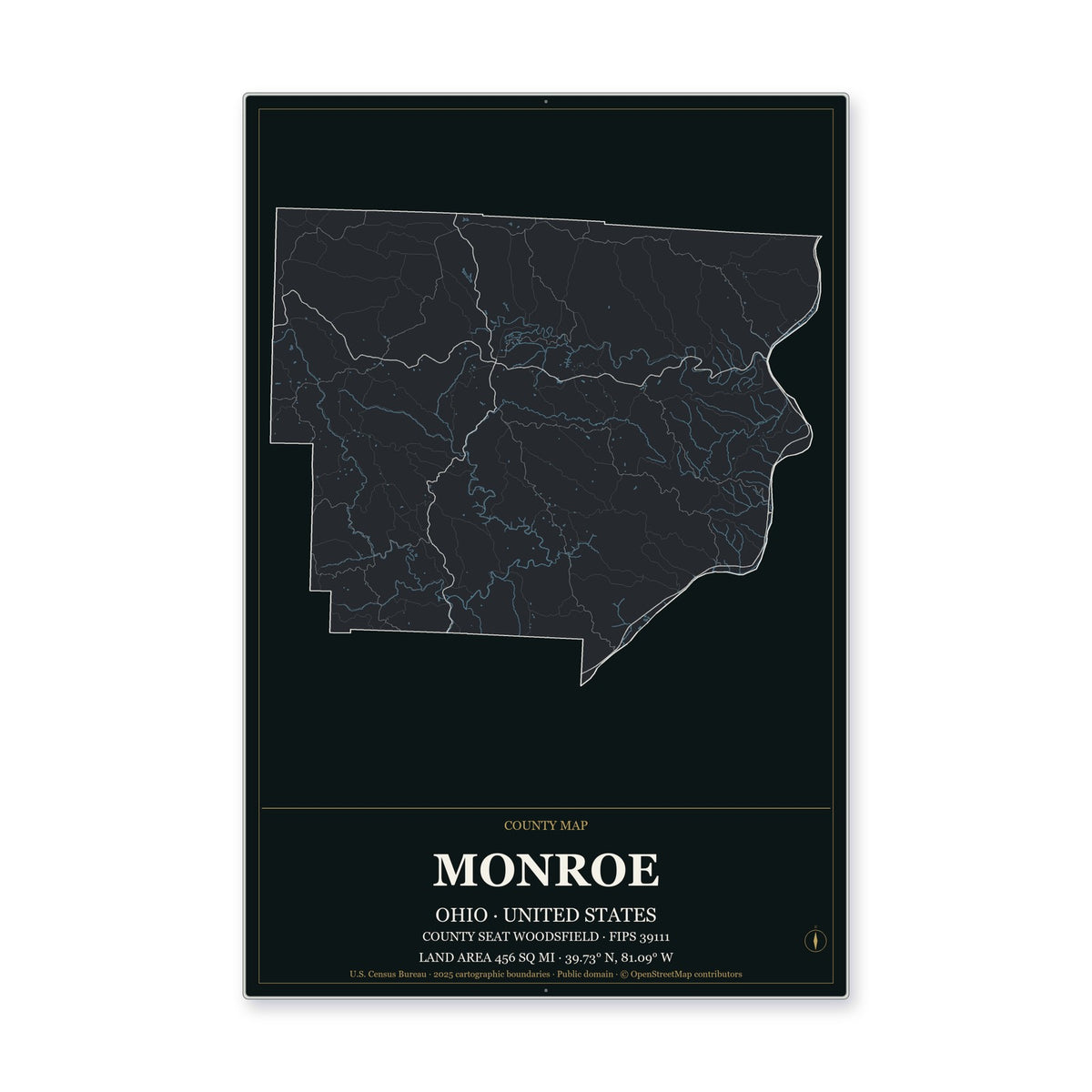 Monroe County, Ohio Map Aluminum Sign in Metropolitan Noir style