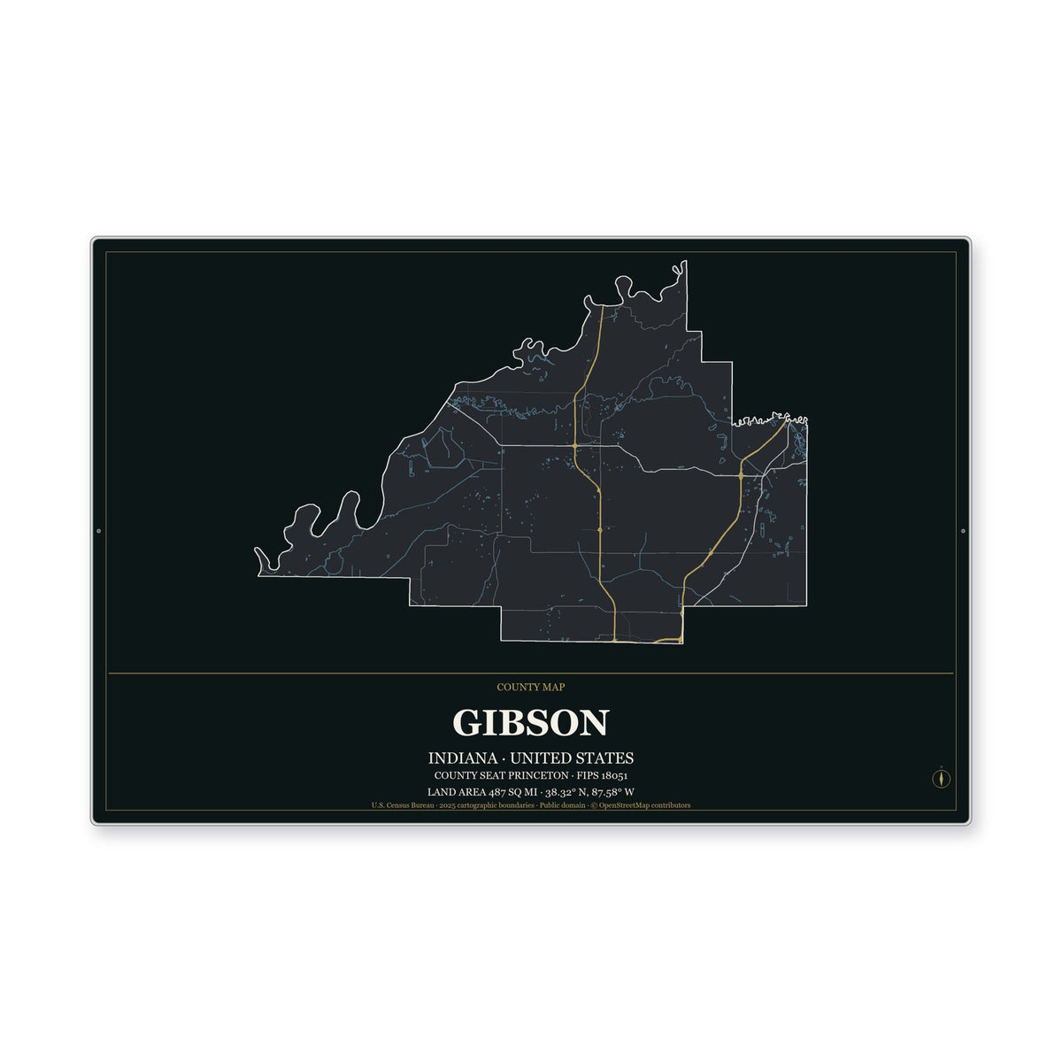 Gibson County, Indiana Map Aluminum Sign in Metropolitan Noir style