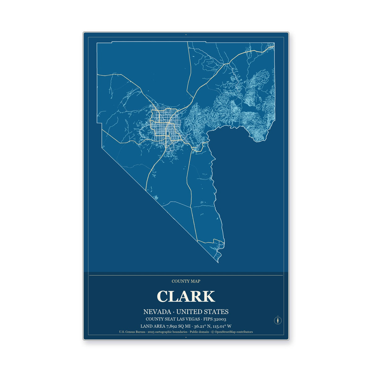 Clark County, Nevada Map Aluminum Sign in Harbor Cobalt style