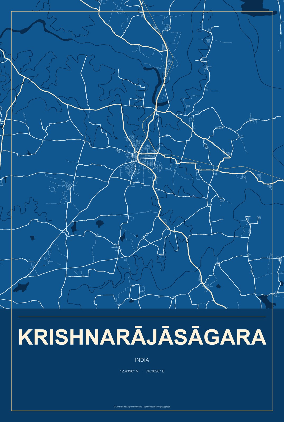 Krishnarājāsāgara, India City Map Aluminum Sign in Harbor Cobalt style