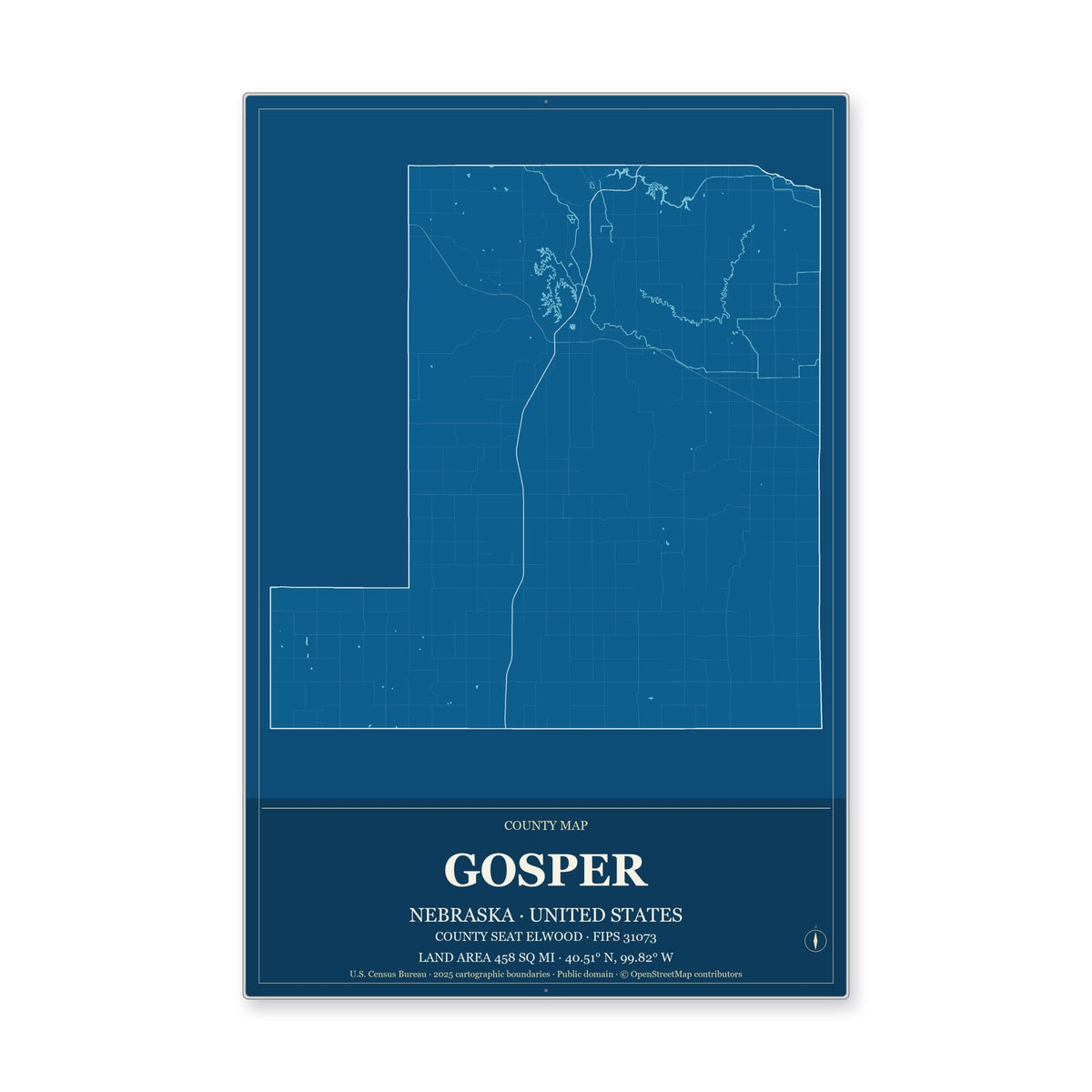 Gosper County, Nebraska Map Aluminum Sign in Harbor Cobalt style