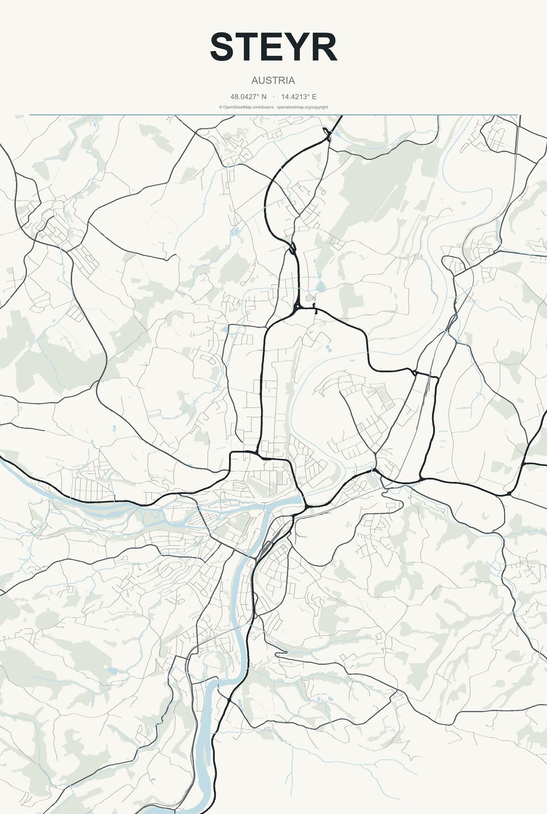 Steyr, Austria City Map Aluminum Sign in Headline Atlas style