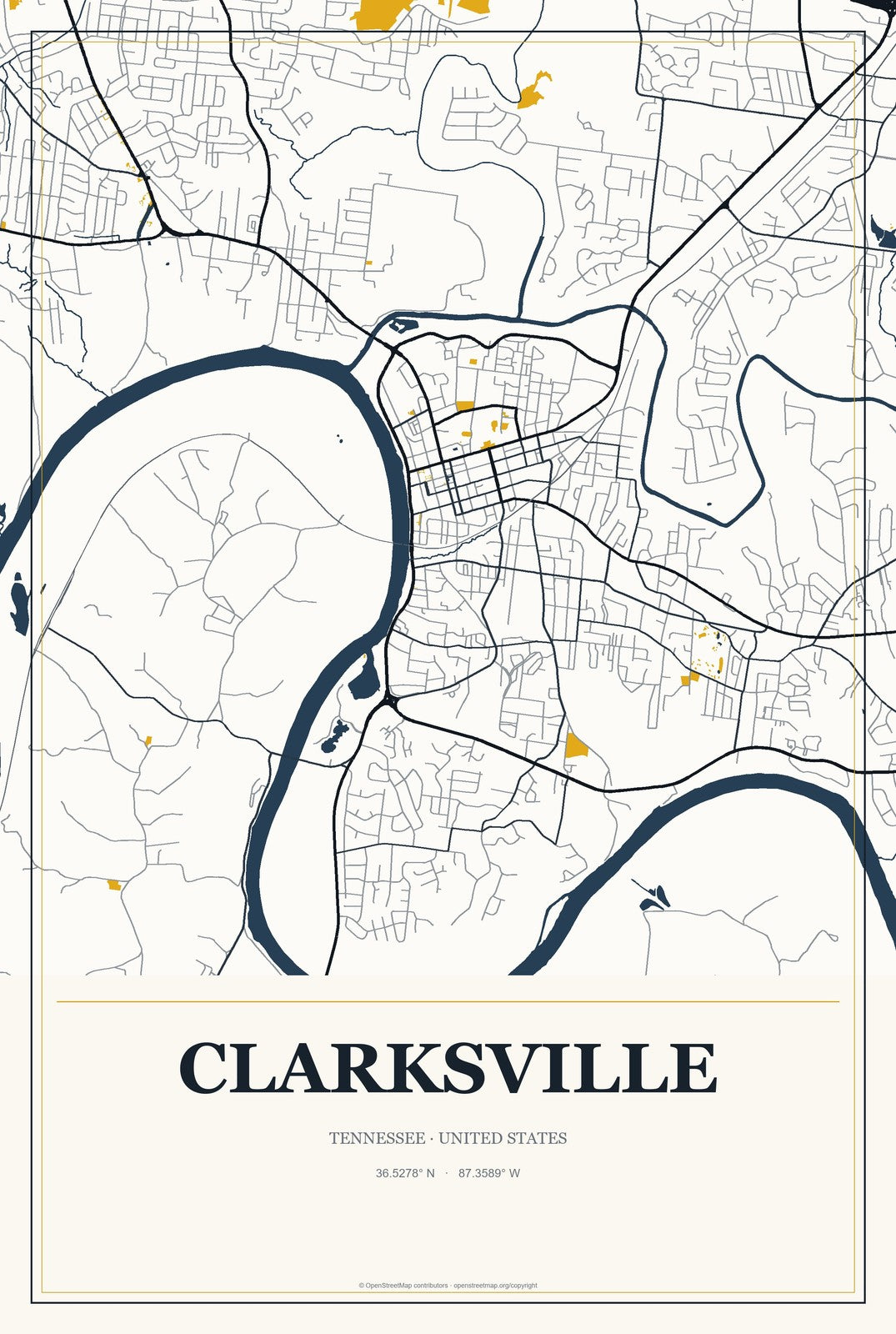 Clarksville, Tennessee City Map Aluminum Sign in Citrine Modern style