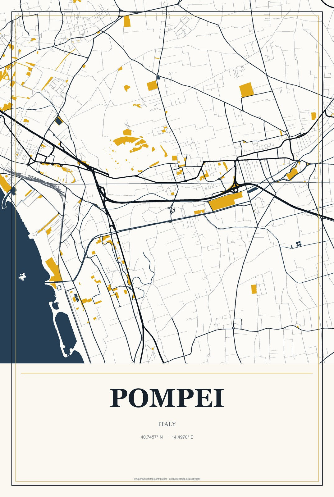 Pompei, Italy City Map Aluminum Sign in Citrine Modern style