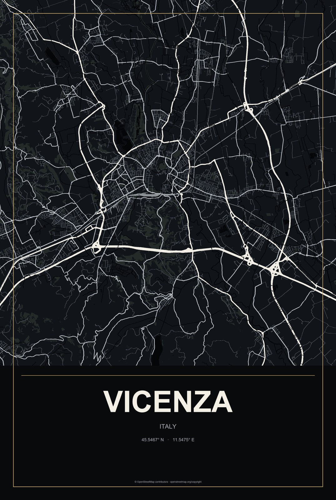 Vicenza, Italy City Map Aluminum Sign in Metropolitan Noir style