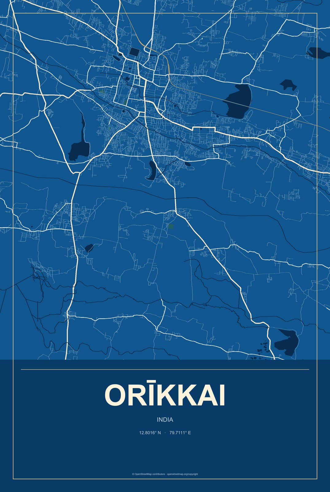 Orīkkai, India City Map Aluminum Sign in Harbor Cobalt style