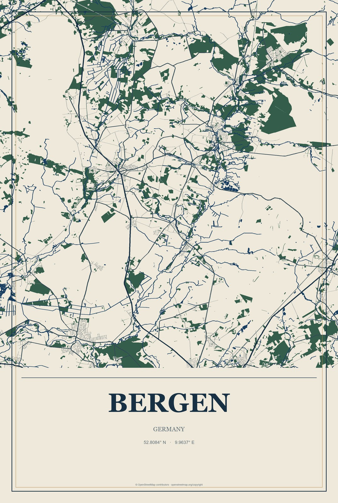Bergen, Germany City Map Aluminum Sign in Coastal Cutout style