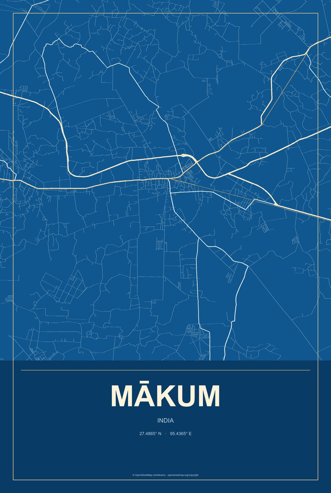 Mākum, India City Map Aluminum Sign in Harbor Cobalt style