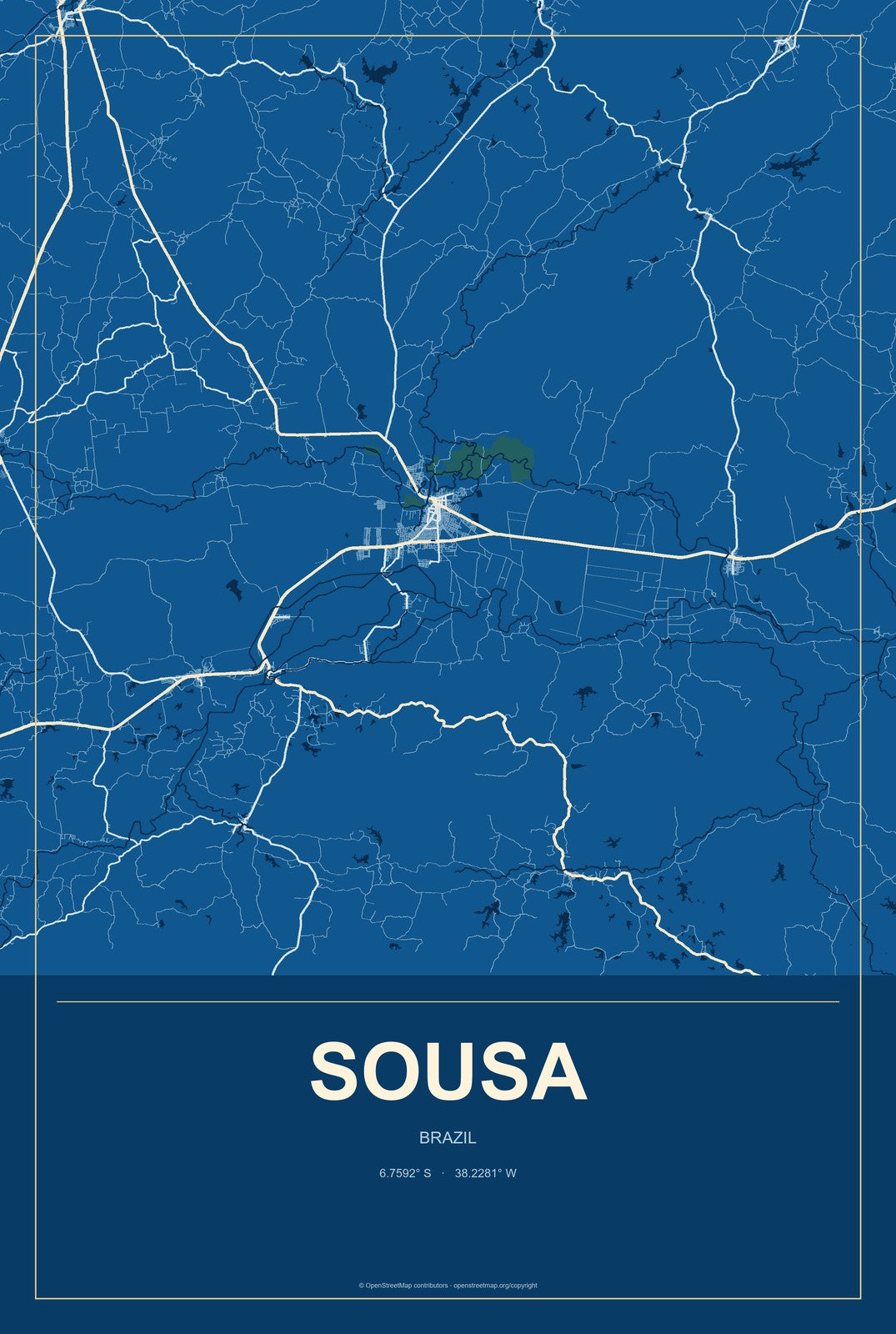 Sousa, Brazil City Map Aluminum Sign in Harbor Cobalt style