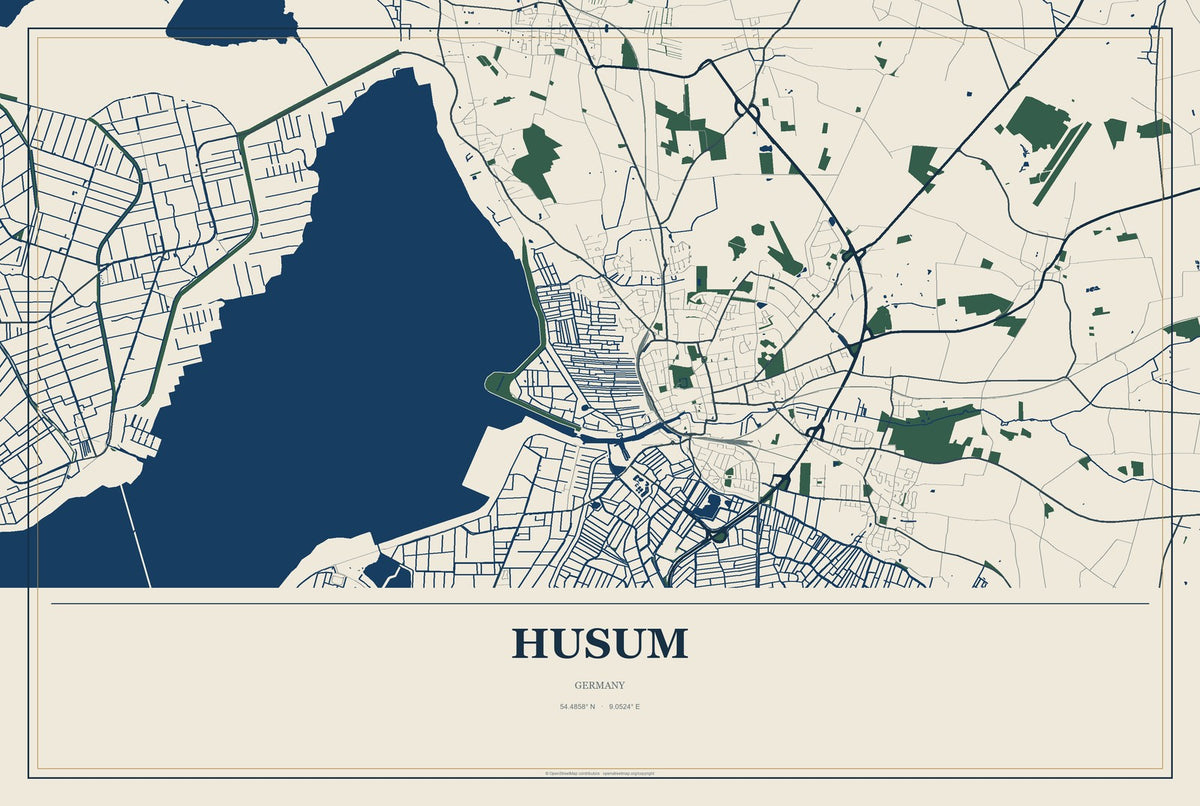 Husum, Germany City Map Aluminum Sign in Coastal Cutout style