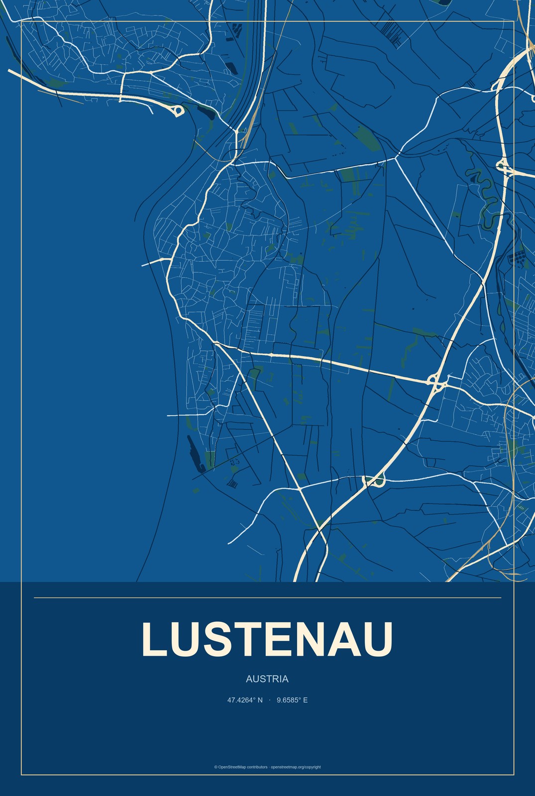 Lustenau, Austria City Map Aluminum Sign in Harbor Cobalt style