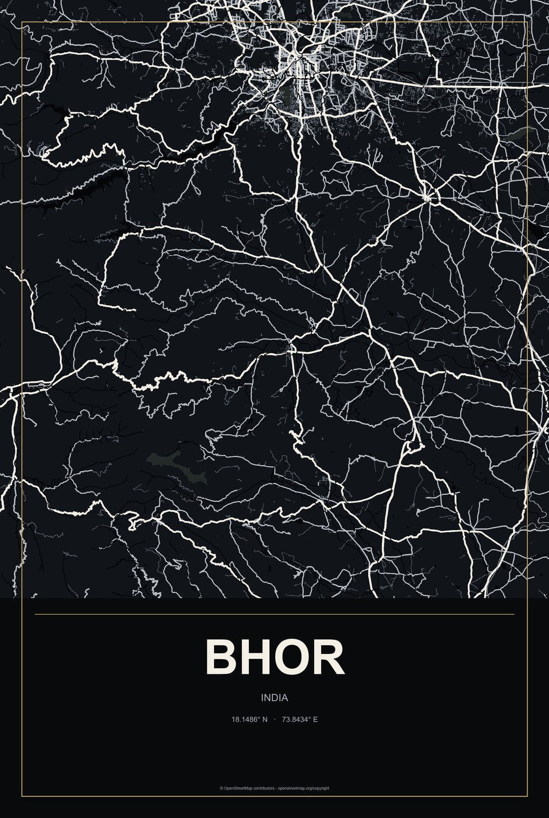 Bhor, India City Map Aluminum Sign in Metropolitan Noir style