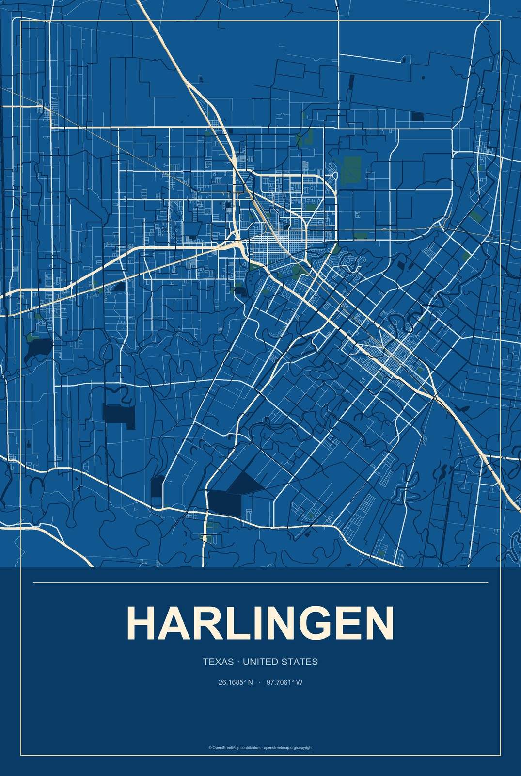 Harlingen, Texas City Map Aluminum Sign in Harbor Cobalt style