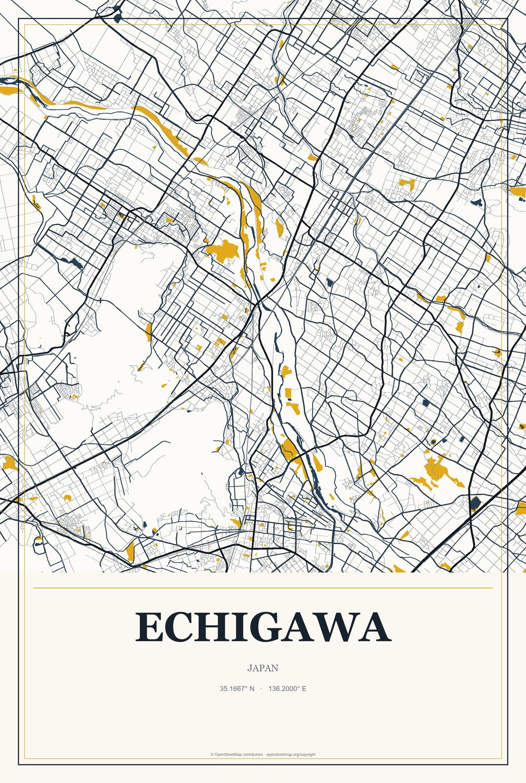 Echigawa, Japan City Map Aluminum Sign in Citrine Modern style