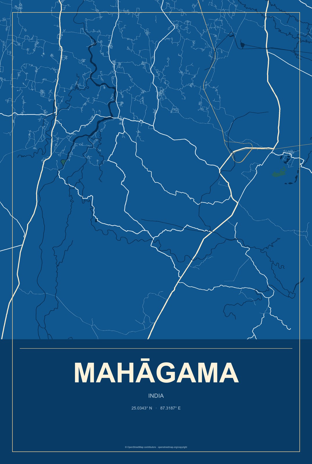 Mahāgama, India City Map Aluminum Sign in Harbor Cobalt style