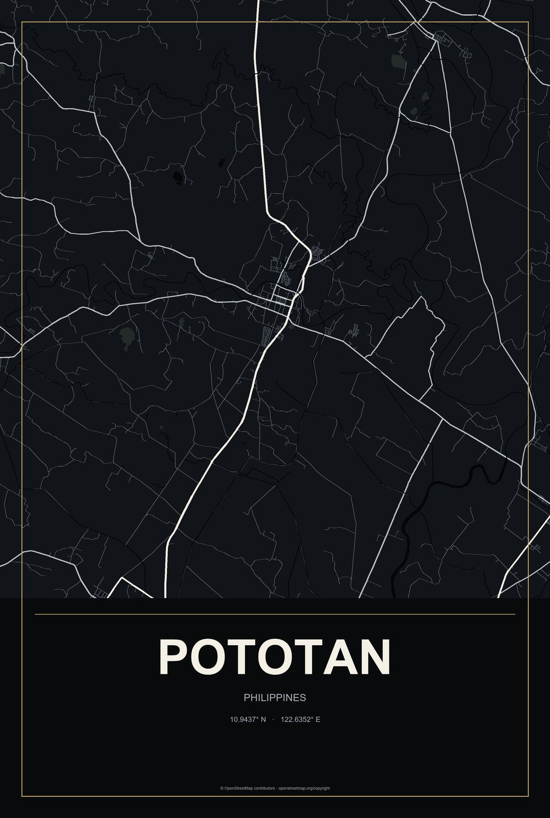Pototan, Philippines City Map Aluminum Sign in Metropolitan Noir style