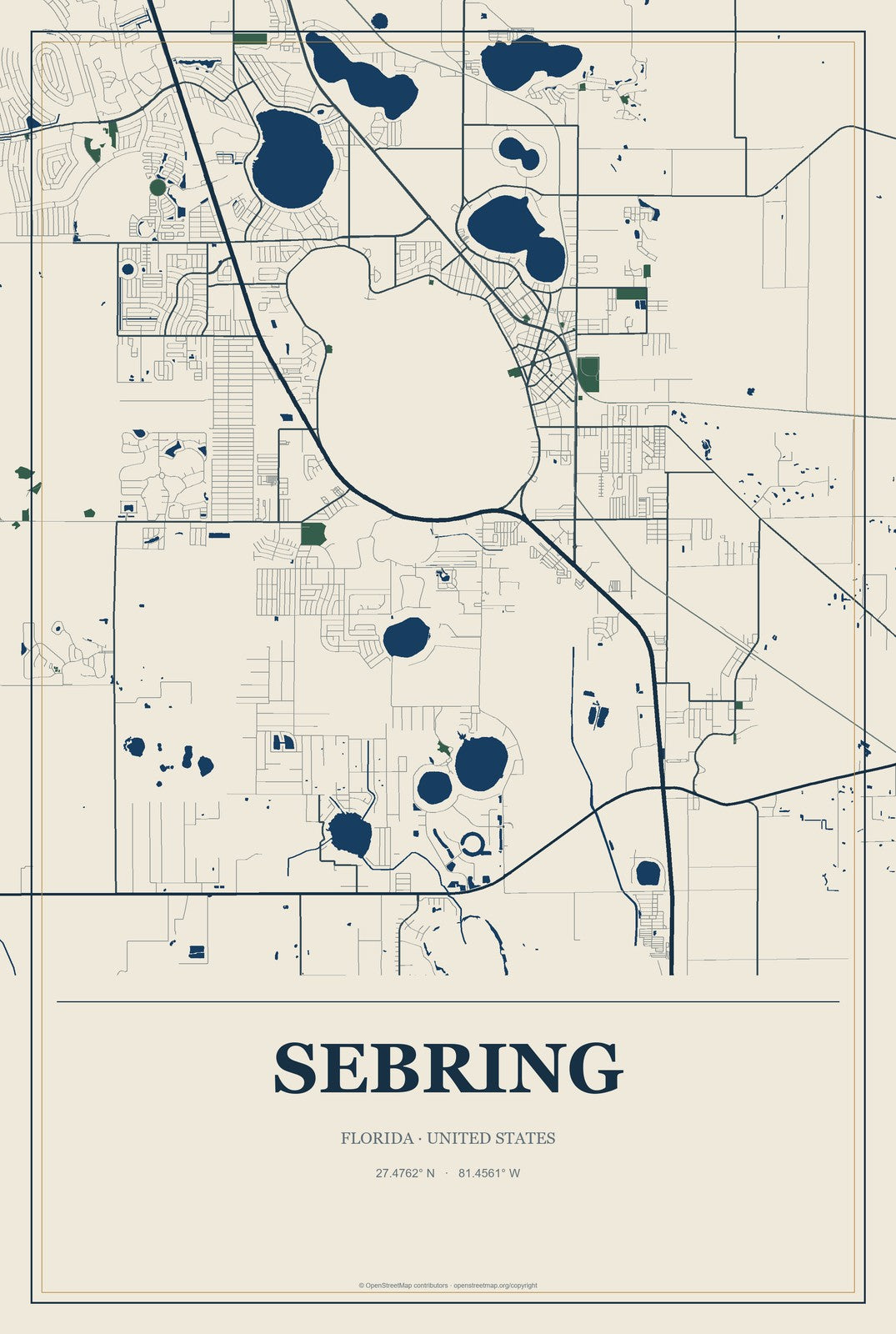 Sebring, Florida City Map Aluminum Sign in Coastal Cutout style
