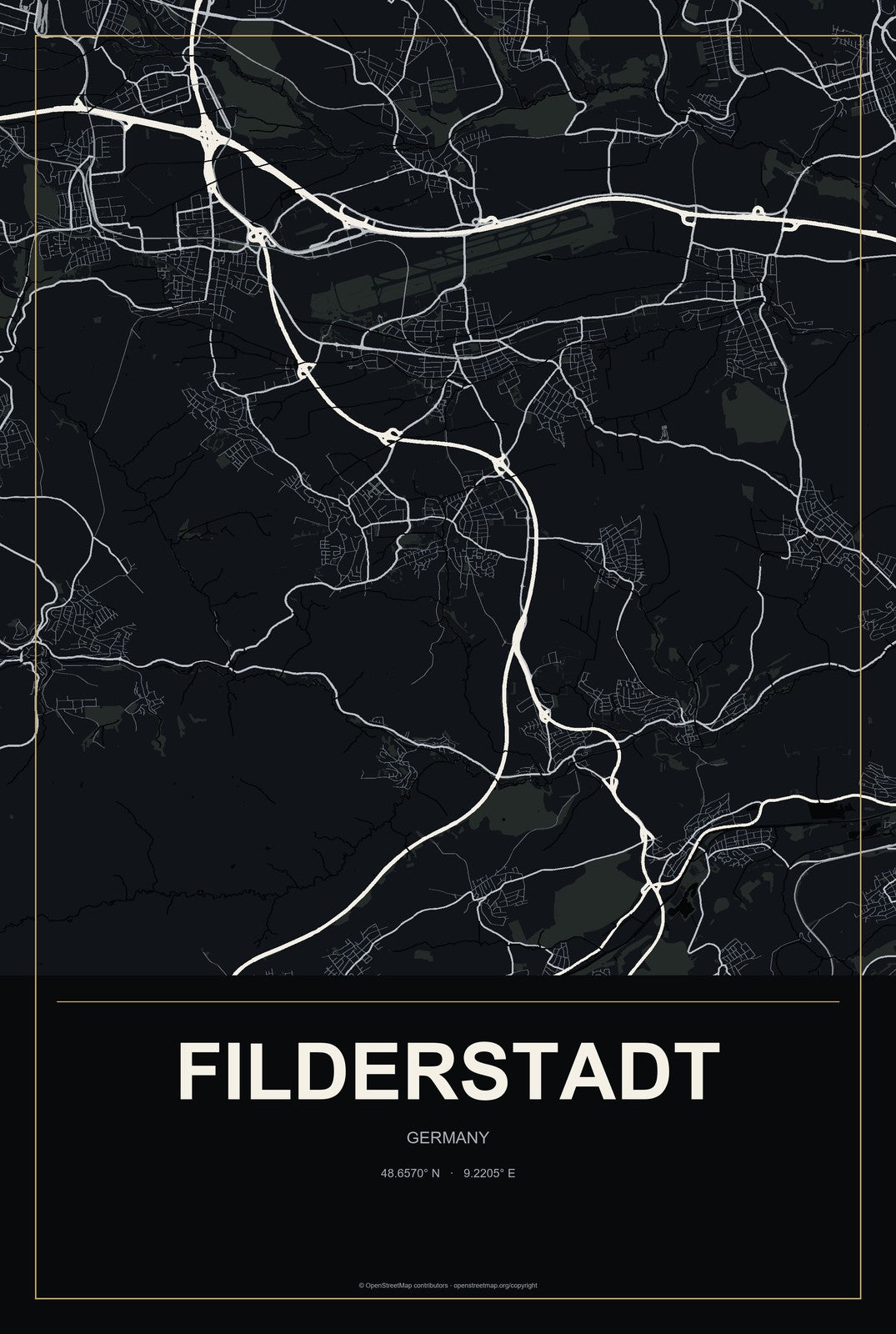 Filderstadt, Germany City Map Aluminum Sign in Metropolitan Noir style