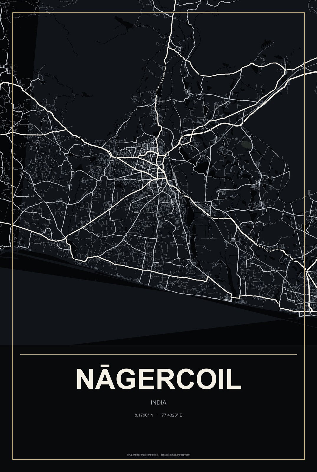 Nāgercoil, India City Map Aluminum Sign in Metropolitan Noir style