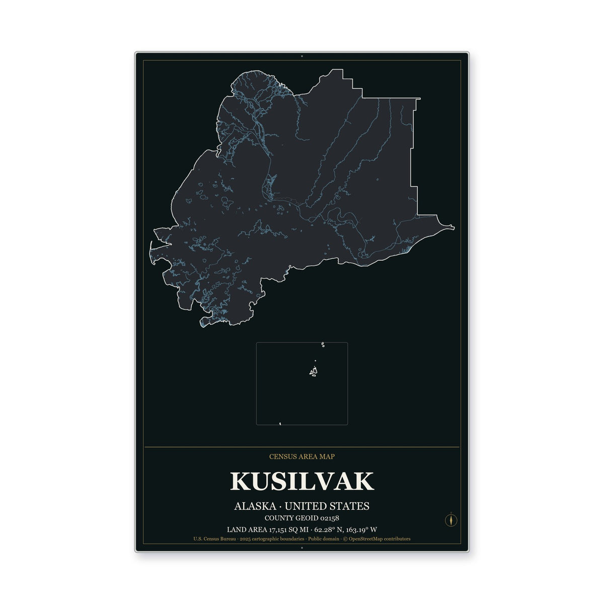 Kusilvak Census Area, Alaska Map Aluminum Sign in Metropolitan Noir style