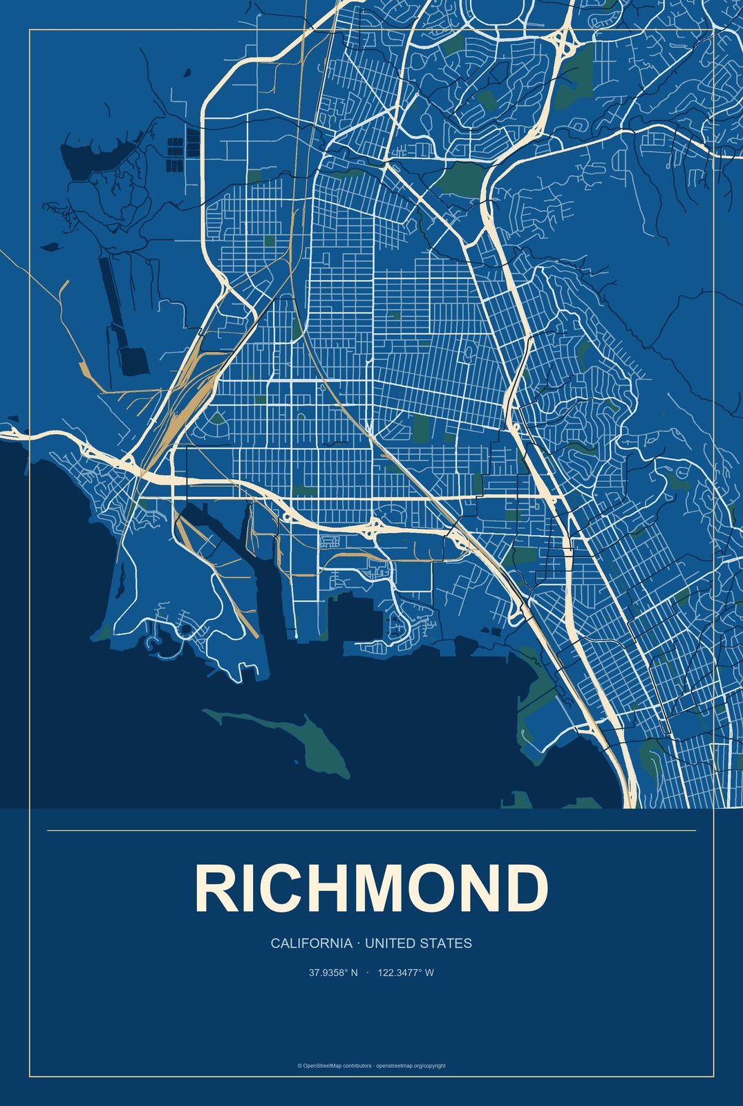Richmond, California City Map Aluminum Sign in Harbor Cobalt style